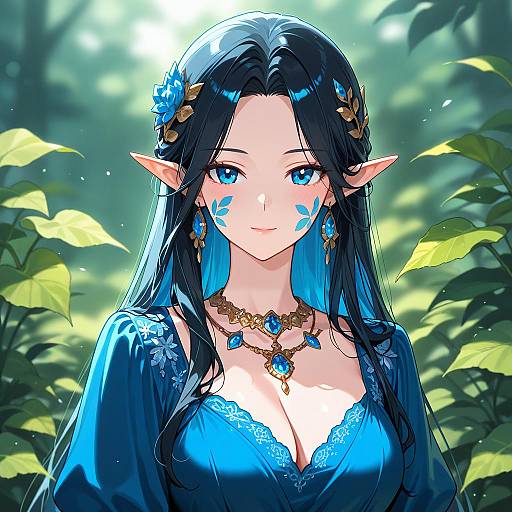 Blue-Eyed Elven Lady in Blue Dress