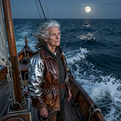 Photograph of an elderly woman with silver hair, wearing a metallic silver and brown leather jacket, standing on a wooden sailboat at night, with a