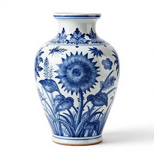 Photograph of a blue and white porcelain vase with detailed floral patterns, featuring large flowers and buds, standing on a light wooden base.