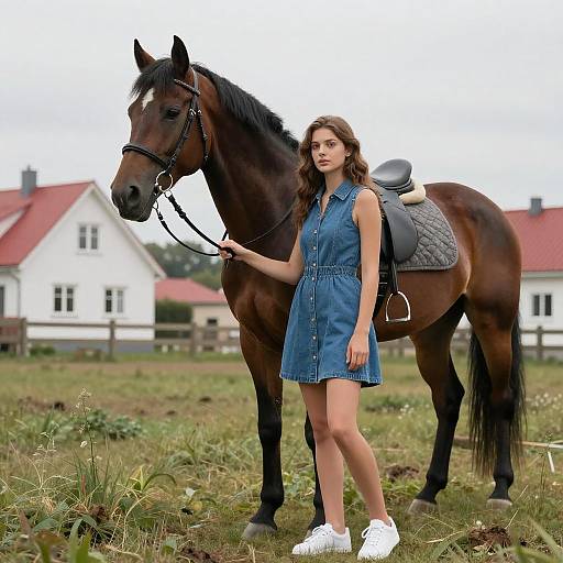 Photograph of a young woman in a blue denim dress and white sneakers, standing beside a brown horse with a black saddle in a grassy field,