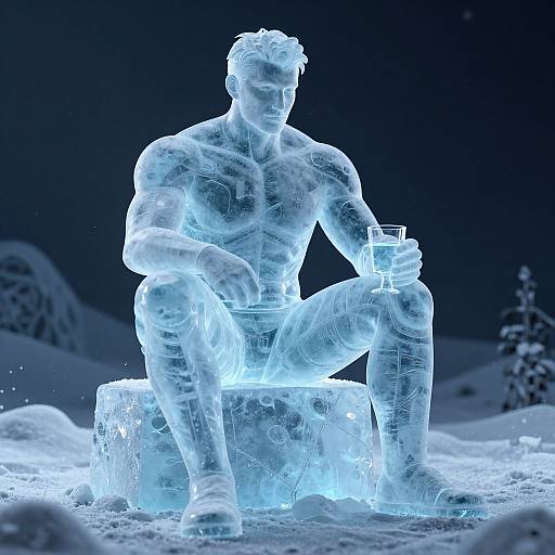 Photorealistic CGI of a glowing blue, ice sculpture of a muscular, shirtless man sitting on a block, holding a glass, in a snowy