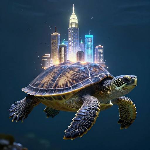 Digital artwork of a turtle with a city skyline on its shell, glowing skyscrapers in blue and yellow, set against a dark blue ocean background.