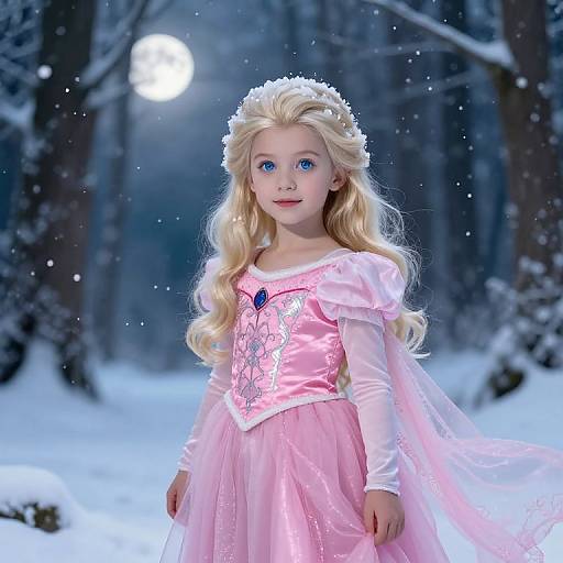 Photograph of a young blonde girl with blue eyes, wearing a pink Elsa-inspired dress, crown, and snow-covered forest backdrop at night.