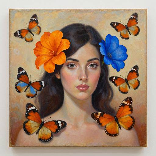 Digital painting of a fair-skinned woman with black hair, orange and blue flowers, surrounded by six orange and black butterflies.
