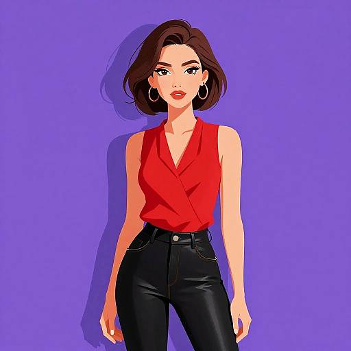 Stylish Woman in Red Blouse and Black Leather Pants