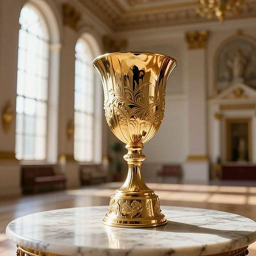 Photograph of a gilded, ornate chalice with floral patterns, centered on a marble pedestal in a sunlit, elegant room.
