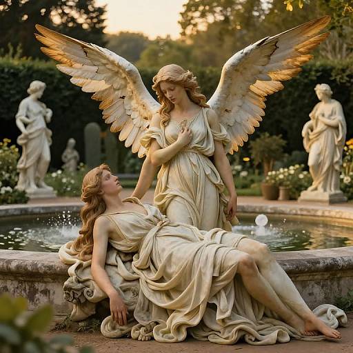 Photograph of two classical angelic statues with golden wings, draped in flowing white robes, by a serene garden fountain, surrounded by other statues and lush