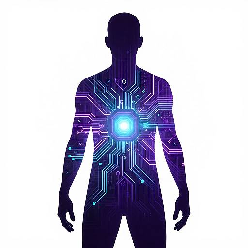 Silhouette of a human figure with neon blue and purple circuitry patterns, glowing central light, on a white background. Digital art.