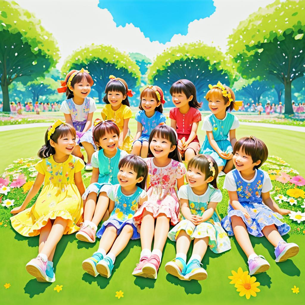 Joyful Children in a Flower-Filled Park