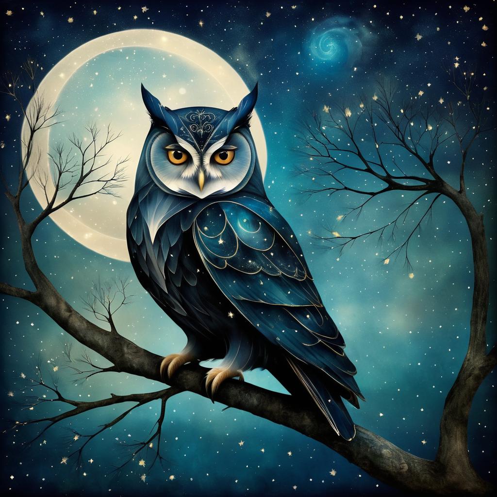 Surreal Owl Under Starry Sky