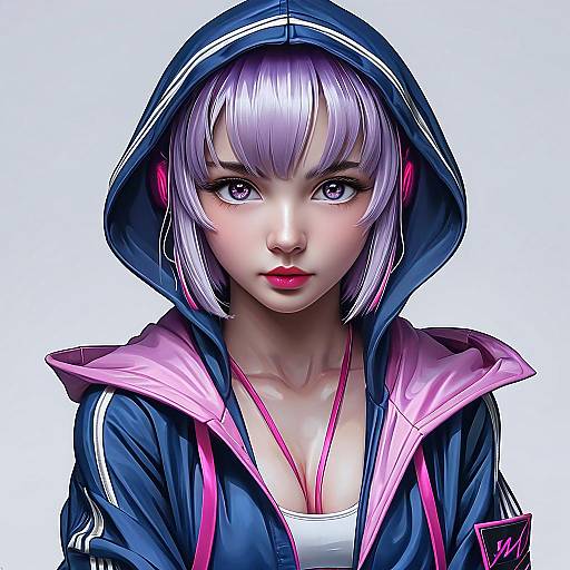 Digital anime-style portrait of a young woman with purple eyes, silver bob hair, wearing a blue hoodie with pink trim and headphones, against a white background