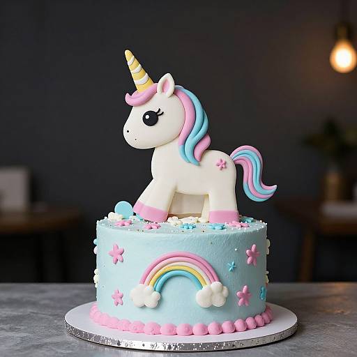 Photograph of a pastel-colored unicorn cake topper with a striped horn, pink-blue-purple mane, and rainbow-adorned blue frosting cake.