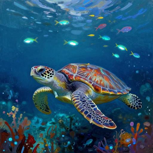 Vibrant underwater photograph of a sea turtle swimming amid colorful coral reefs and small, glowing fish in a deep blue ocean.