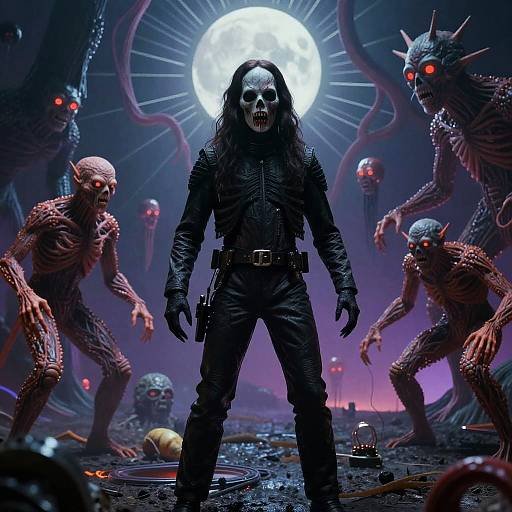 Digital artwork of a skull-faced figure in black leather, surrounded by glowing-eyed, red-skinned monsters under a full moon. Dark, ominous landscape with