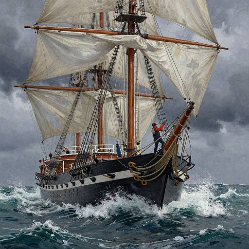 Photorealistic painting of a rugged, black-and-white sailing ship with billowing white sails cutting through turbulent ocean waves under a stormy sky. A