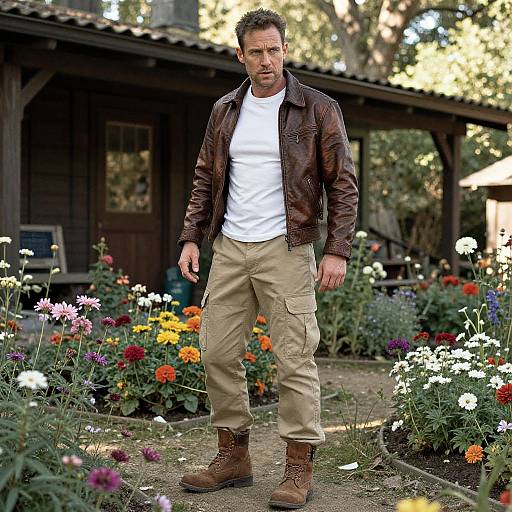 Photograph of a muscular man with short brown hair, wearing a brown leather jacket, white t-shirt, beige cargo pants, and brown boots, standing