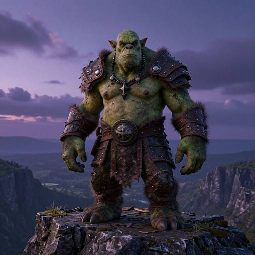 CGI orc standing on rocky cliff at sunset, muscular, green-skinned, wearing spiked armor, loincloth, necklace, intense expression, mountain