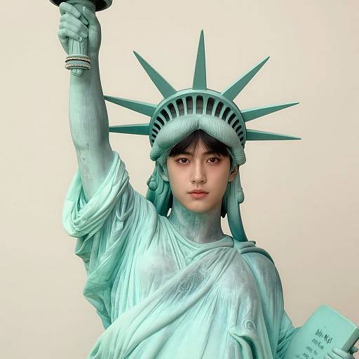 Photograph of a young Asian person with short black hair, wearing a detailed, metallic Statue of Liberty costume, raising their right arm, against a plain