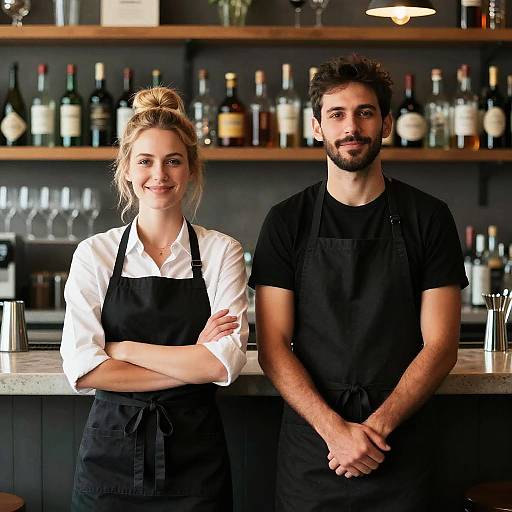 Photograph of a smiling blonde woman with bun and black apron, standing beside a bearded man in black shirt and apron, in a modern