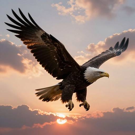 Photograph of a majestic bald eagle soaring with wings fully spread against a vibrant sunset sky, sunlight filtering through pink and orange clouds.