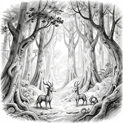 Black and white ink drawing of three deer with prominent antlers in a dense, twisted forest with intricate tree bark and foliage.