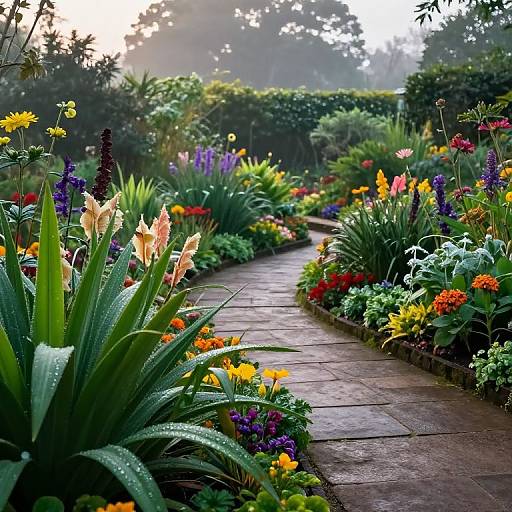 Photograph of a vibrant, sunlit garden path lined with colorful flowers, including yellow, orange, purple, and red blooms, surrounded by lush green