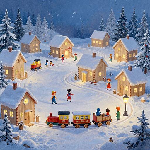 Whimsical winter village scene with glowing wooden houses, snow-covered trees, and colorful children playing with toy trains in a starry night sky. Digital