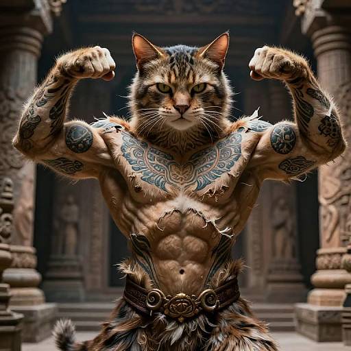 Photorealistic CGI of a muscular, tattooed, anthropomorphic tabby cat flexing in an ancient temple, wearing a fur loincloth,