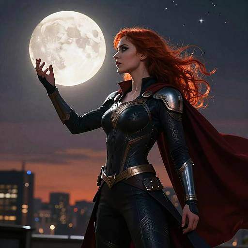 Photograph-style digital art of red-haired woman in black, armored superhero suit with red cape, touching glowing full moon, city skyline at dusk in background