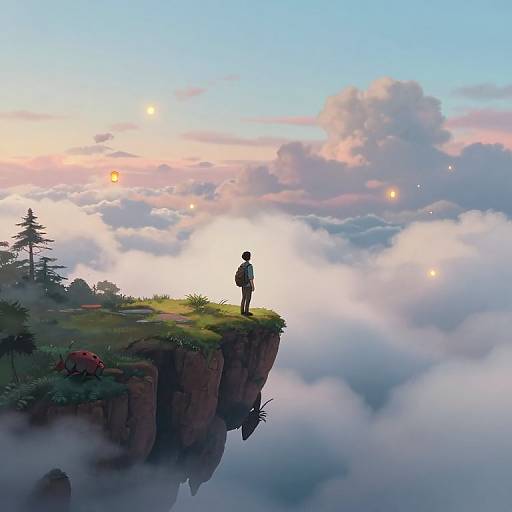 Digital artwork: Silhouetted person with backpack stands on grassy cliff edge, overlooking glowing sunset amidst fluffy clouds and distant trees.