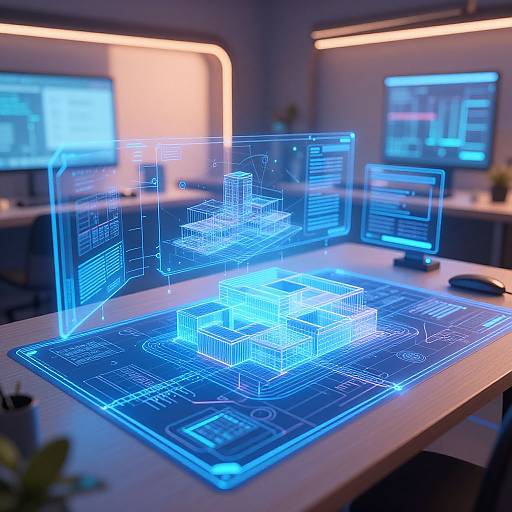 Photorealistic digital image of a futuristic office with glowing blue holographic architectural blueprints on a table, surrounded by illuminated monitors.