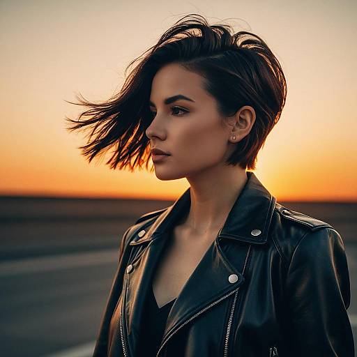Elegant Woman with Short Layers Hairstyle at Sunset