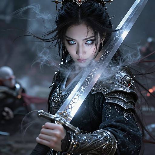 Digital art of a fierce, blue-eyed, black-haired warrior with glowing eyes, holding a crackling sword, adorned in ornate black armor in a