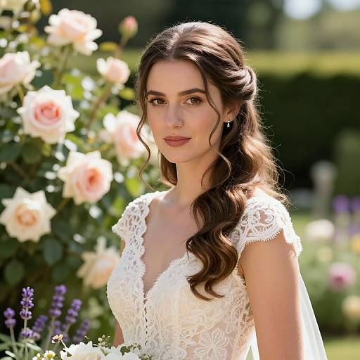 Photograph of a beautiful, fair-skinned woman with long, wavy brown hair in a white lace wedding dress, standing in a sunlit garden