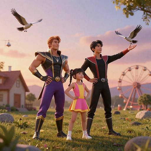 Epic Sunset Scene with Three Characters