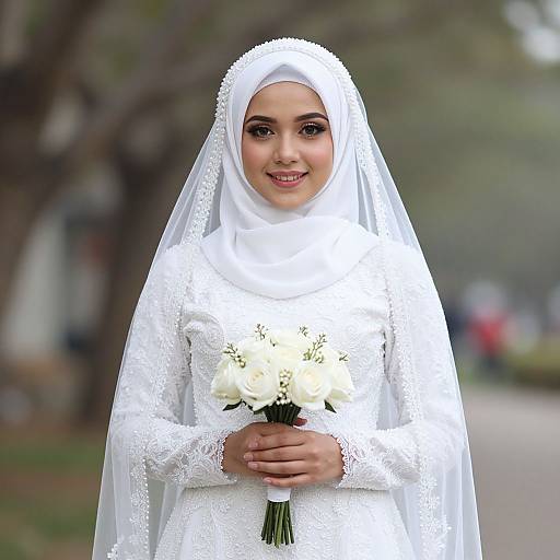 Photograph of a smiling young Muslim bride in a white lace hijab and dress, holding a bouquet of white roses, standing outdoors with blurred trees in
