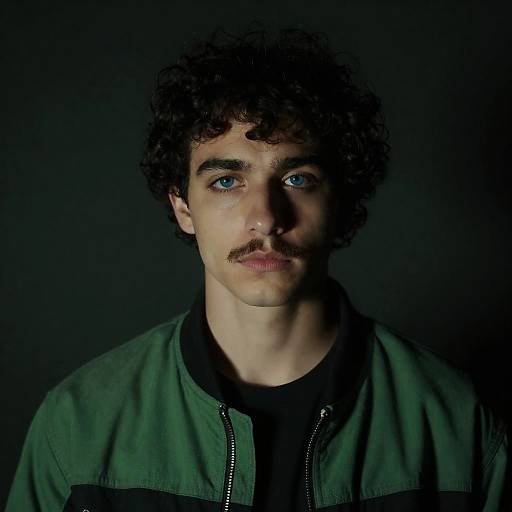 Photograph of a young man with curly dark hair, blue eyes, and a mustache, wearing a green jacket over a black shirt, against a