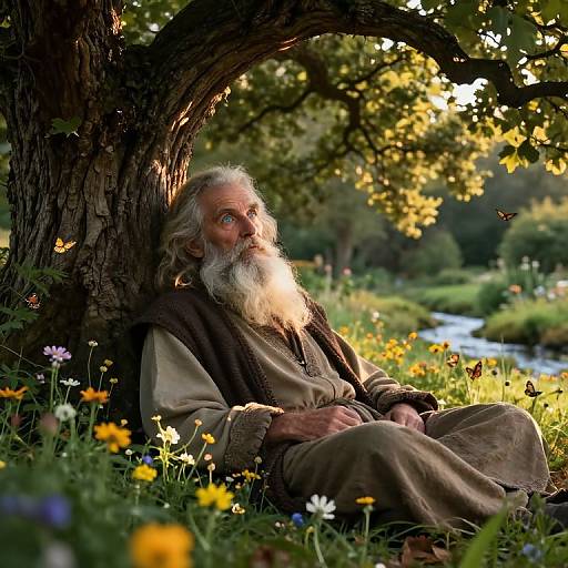 Photograph of an elderly bearded man with long white hair, sitting against a tree in a sunlit, flower-filled meadow, wearing brown and