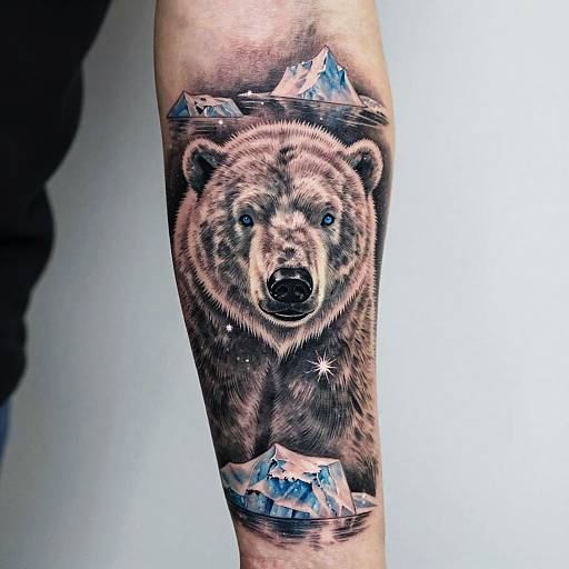 Realistic tattoo of a brown bear with detailed fur, surrounded by floating icebergs, on a person's forearm. Hyper-realistic black and gray