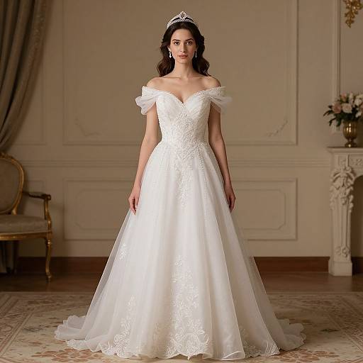 Photograph of a dark-haired woman in an off-shoulder, white lace wedding gown with a tiara, standing in an elegant, cream-colored