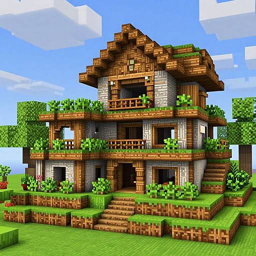 Pixel art of a two-story wooden house with balconies, surrounded by grass, flowers, and trees, under a blue sky with white clouds.