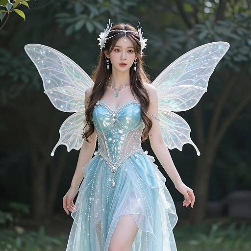 Photograph of a fair-skinned, Asian woman with long brown hair, wearing a shimmering light blue fairy dress and transparent wings, adorned with flowers