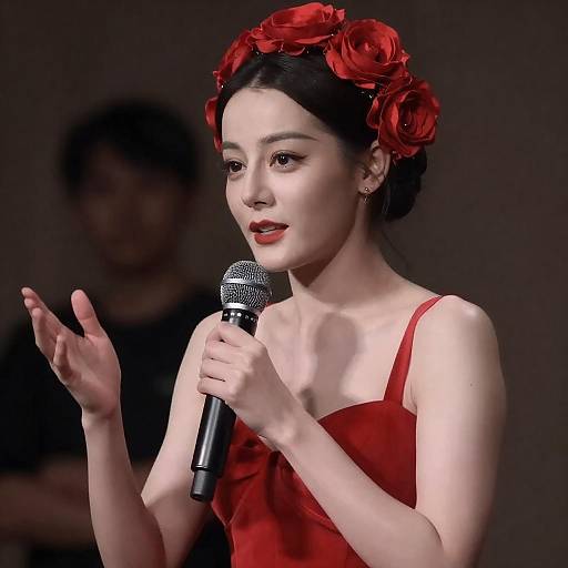 Intense Woman in Red Dress Performing