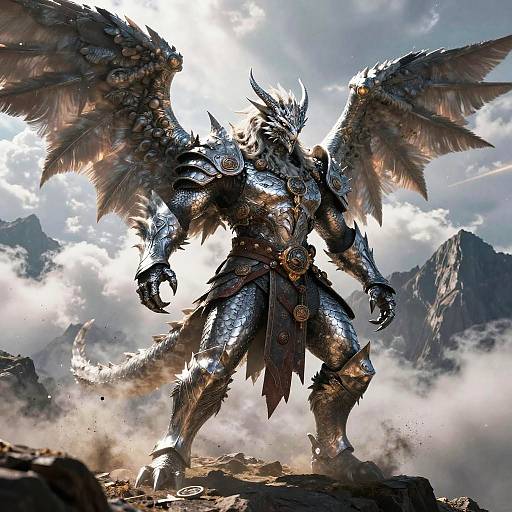 Digital artwork of a towering, armored angel with large, feathered wings standing on a rocky mountain peak, sunlight illuminating its metallic armor.