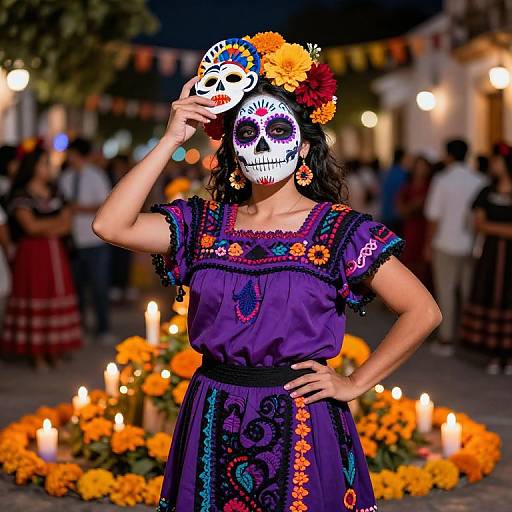 Photograph of a woman in a purple embroidered dress, Day of the Dead mask, flower crown, holding skull mask, surrounded by candles and flowers in