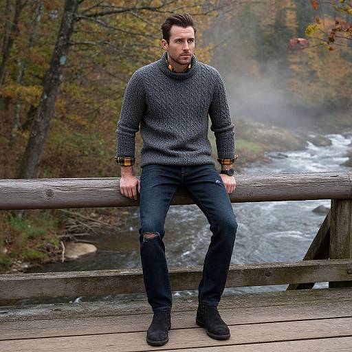 Photograph of a bearded man in a gray knit sweater, dark jeans, and black boots, sitting on a wooden bridge by a misty river