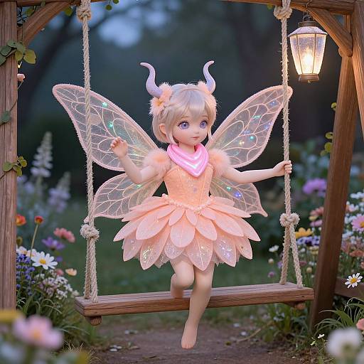 CGI fairy child with white hair, pink dress, translucent wings, and small horns, sitting on a wooden swing in a magical garden.