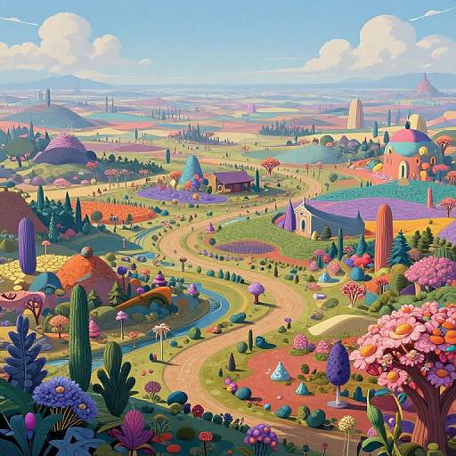 Vibrant digital art of a whimsical, colorful countryside with winding paths, diverse flora, and colorful buildings under a bright blue sky.