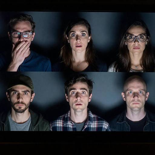 Six People with Intense Expressions in Dark Room