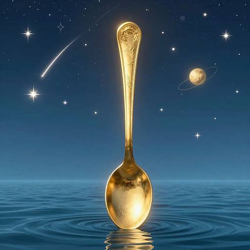 Golden spoon with a human face rises from a calm blue ocean, set against a starry night sky with a comet and planet. Digital art.